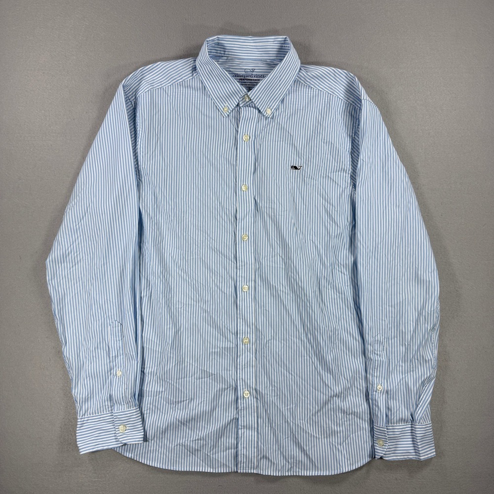 Vineyard Vines Performance Classic Fit Whale Shirt Men Large Blue Stripe Stretch